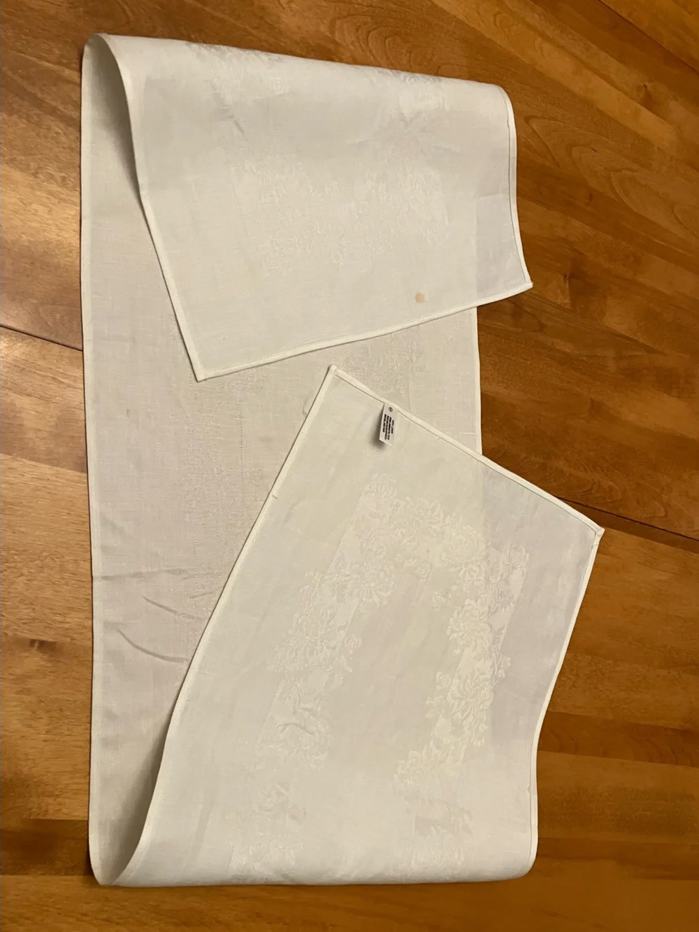 Vintage 100% Irish Linen Double Damask Table Runner White Floral, 45” x 12.25”
